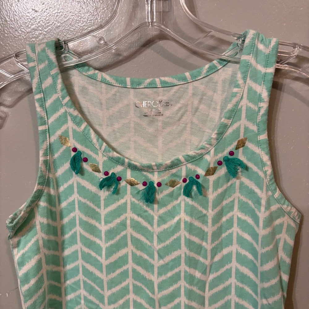 Cherokee Tank Top Mint Green Chevron Tassel Sleeveless Shirt (Girls Large 10/12)